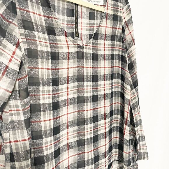 🟢Vintage Havana Plaid Semi Sheer V Neck Blouse Black Tan Red S - Picture 2 of 7